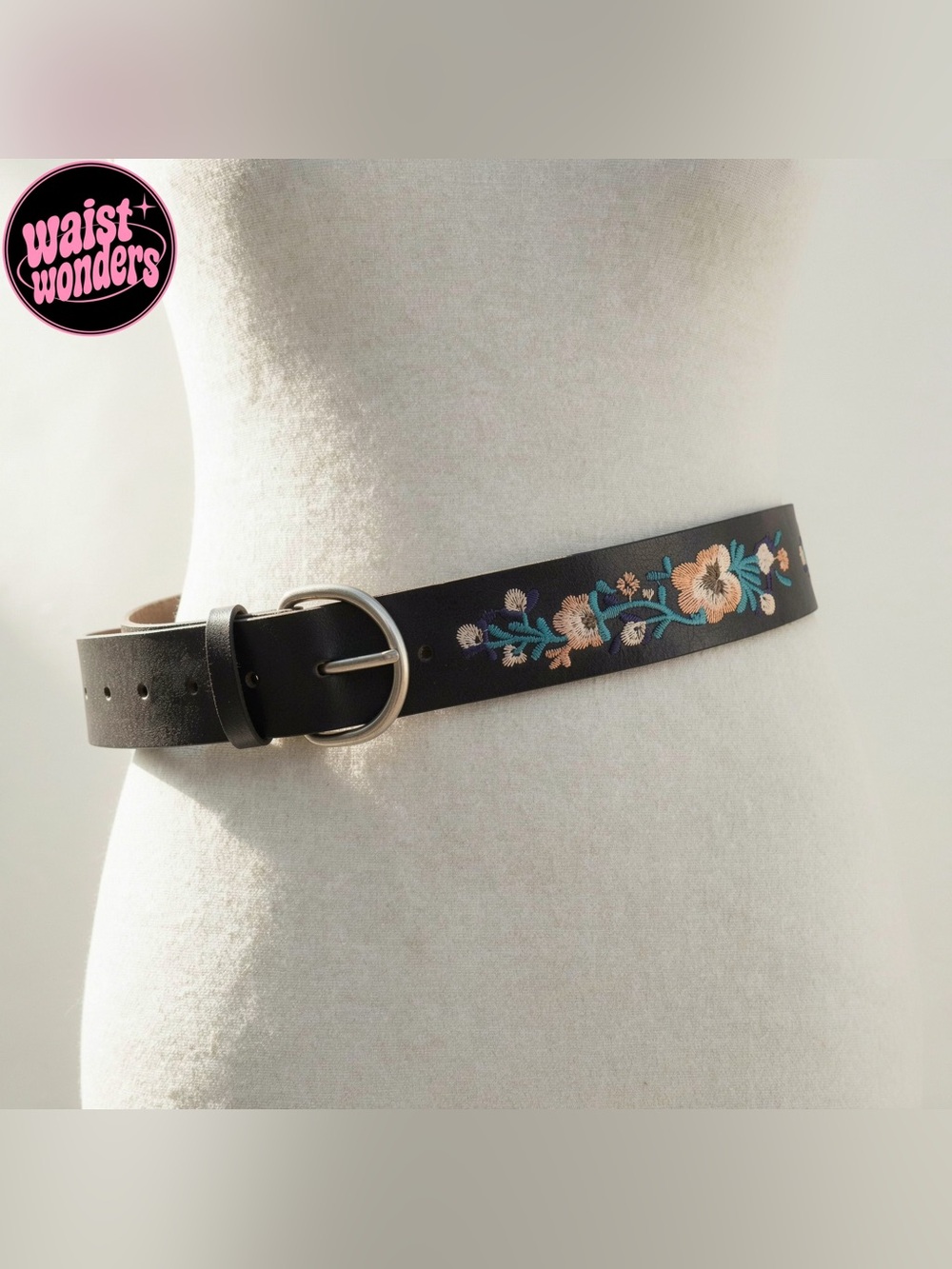 Y2K 2000s style Black leather belt with embroidered floral design